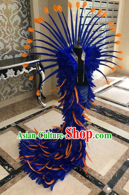 Top Grade Children Stage Performance Costume Catwalks Bikini Mullet Dress and Blue Feather Wings for Kids
