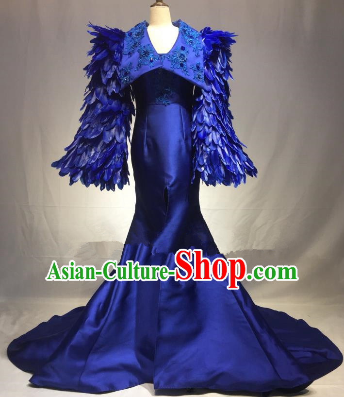 Top Grade Stage Performance Costume Blue Feather Mermaid Dress Catwalks Full Dress for Women
