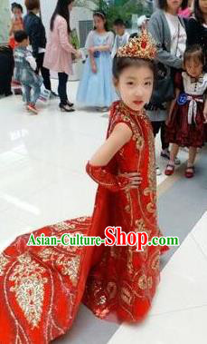 Top Grade Children Stage Performance Costume Girls Red Cheongsam Mullet Dress Catwalks Clothing for Kids