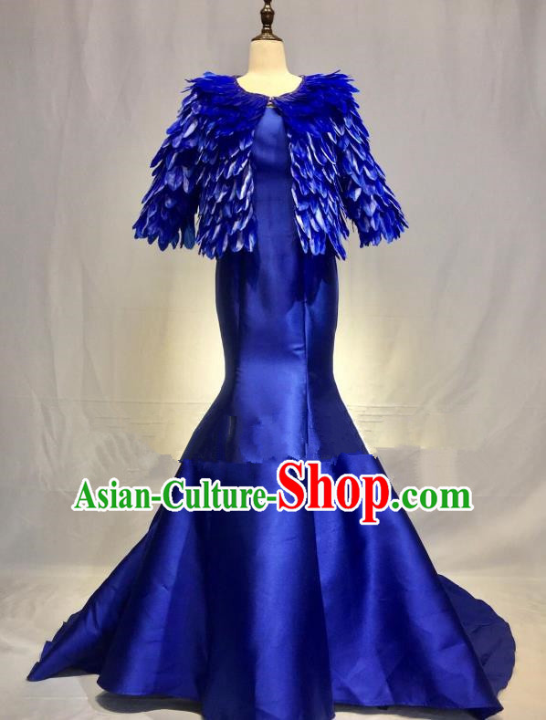 Top Grade Stage Performance Costume Modern Dance Blue Feather Mermaid Dress Catwalks Full Dress for Women