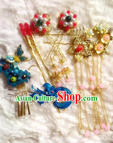 Traditional Chinese Ancient Hair Accessories Blueing Hairpins Tassel Step Shake Complete Set for Women