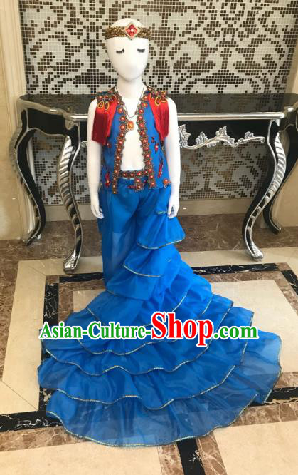 Top Grade Children Stage Performance Costume Catwalks Modern Dance Blue Dress and Headwear for Kids