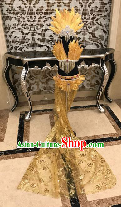 Top Grade Children Stage Performance Costume Catwalks Modern Dance Golden Feather Bikini and Headwear for Kids