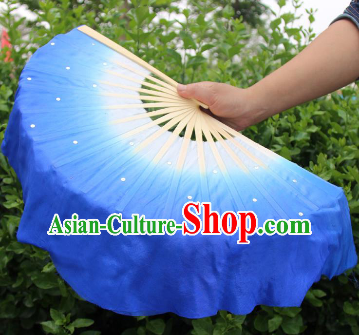 Top Grade Chinese Folk Dance Folding Fans Dance Fans Yangko Deep Blue Silk Fans for Women