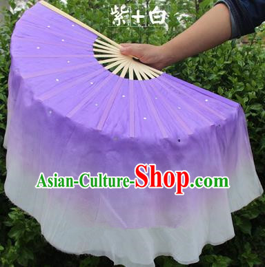 Top Grade Chinese Folk Dance Folding Fans Yangko Dance Purple Silk Ribbon Fan for Women