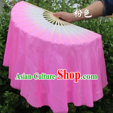 Top Grade Chinese Folk Dance Folding Fans Yangko Dance Pink Silk Ribbon Fan for Women