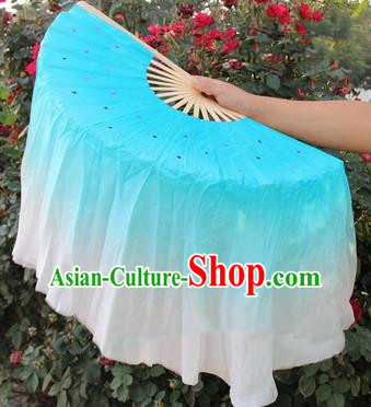 Top Grade Chinese Folk Dance Blue Folding Fans Yangko Dance Silk Ribbon Fan for Women