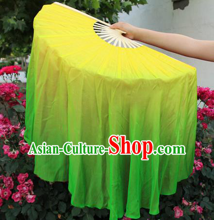 Top Grade Chinese Folk Dance Yellow Folding Fans Yangko Dance Silk Ribbon Fan for Women