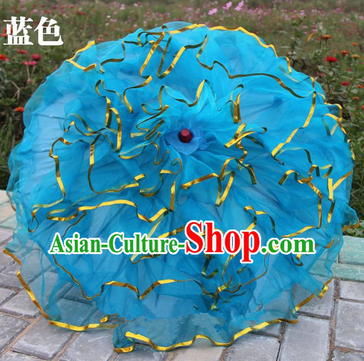 Top Grade Chinese Folk Dance Umbrella Yangko Dance Classical Dance Blue Silk Umbrella for Women