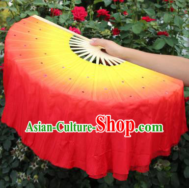 Chinese Handmade Folk Dance Folding Fans Yangko Dance Red Silk Ribbon Fan for Women