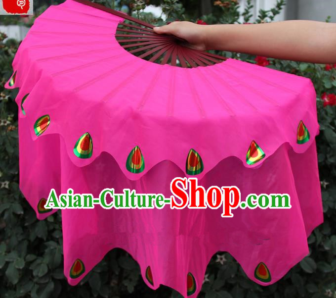 Chinese Handmade Folk Dance Peacock Folding Fans Yangko Dance Rosy Silk Ribbon Fan for Women