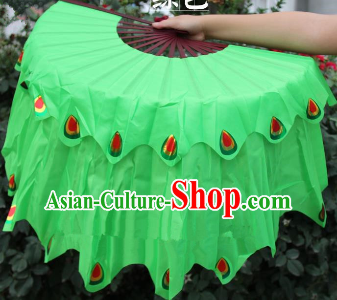 Chinese Handmade Folk Dance Peacock Folding Fans Yangko Dance Green Silk Ribbon Fan for Women