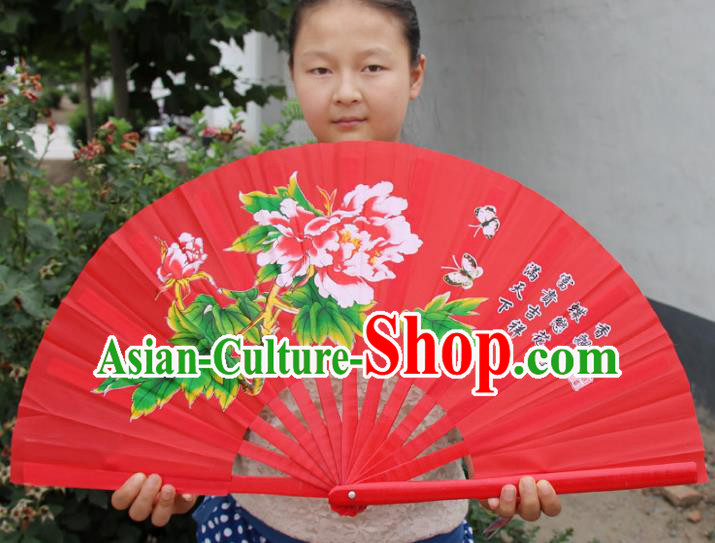 Chinese Handmade Folk Dance Folding Fans Yangko Dance Printing Peony Tai Chi Red Fan for Women