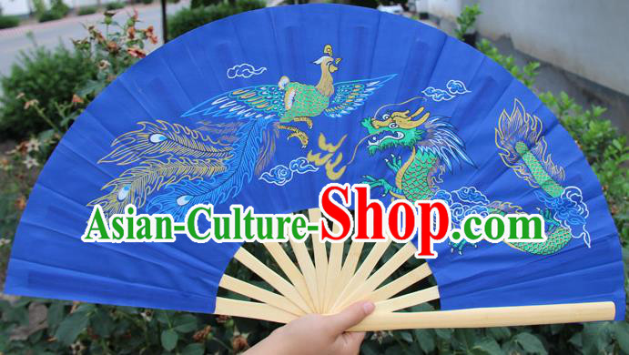 Chinese Handmade Folk Dance Folding Fans Yangko Dance Printing Dragon and Phoenix Tai Chi Blue Fan for Women