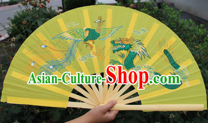 Chinese Handmade Folk Dance Folding Fans Yangko Dance Printing Dragon and Phoenix Tai Chi Yellow Fan for Women