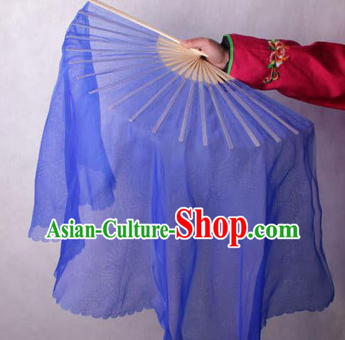 Chinese Handmade Folk Dance Deep Blue Ribbon Folding Fans Yangko Dance Classical Fans for Women