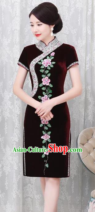 Chinese Traditional Elegant Cheongsam Embroidery Purplish Red Velvet Qipao Dress National Costume for Women