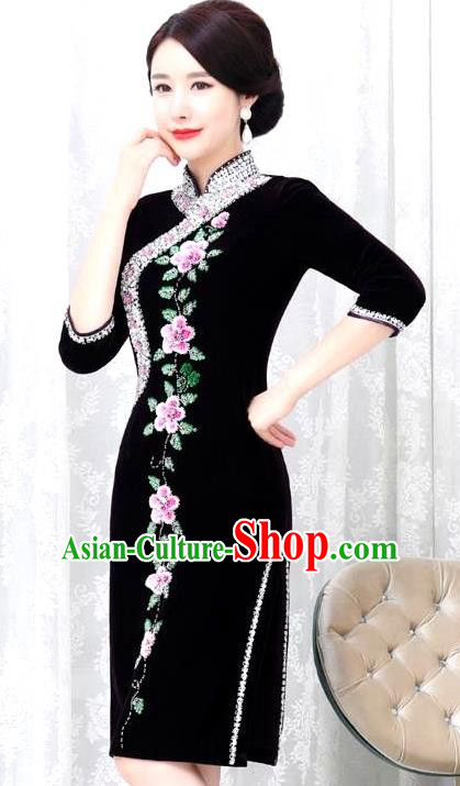 Chinese Traditional Elegant Seven Sleeves Cheongsam Embroidery Black Velvet Qipao Dress National Costume for Women