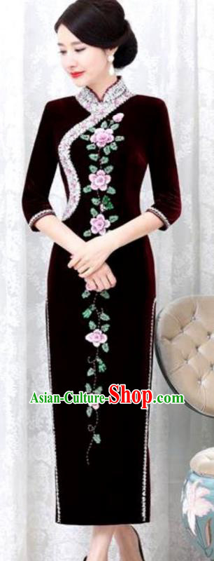 Chinese Traditional Elegant Purplish Red Velvet Cheongsam Embroidery Qipao Dress National Costume for Women