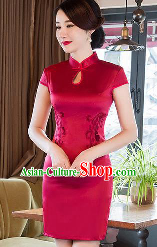 Chinese Traditional Elegant Red Silk Cheongsam National Costume Short Qipao Dress for Women