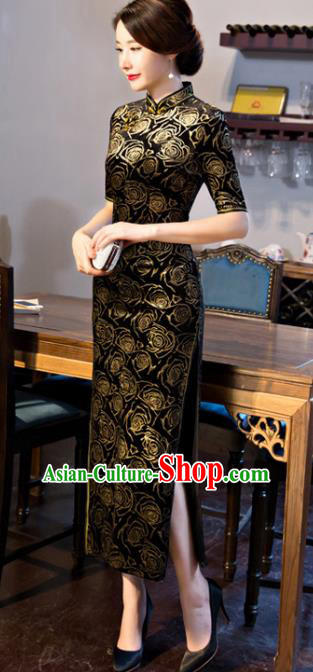 Chinese Traditional Elegant Pattern Rose Black Cheongsam National Costume Silk Qipao Dress for Women