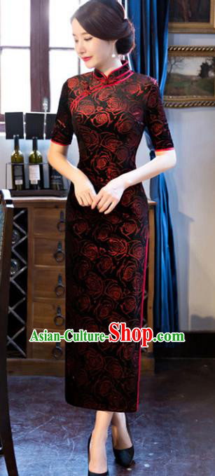 Chinese Traditional Elegant Pattern Rose Dark Red Cheongsam National Costume Silk Qipao Dress for Women