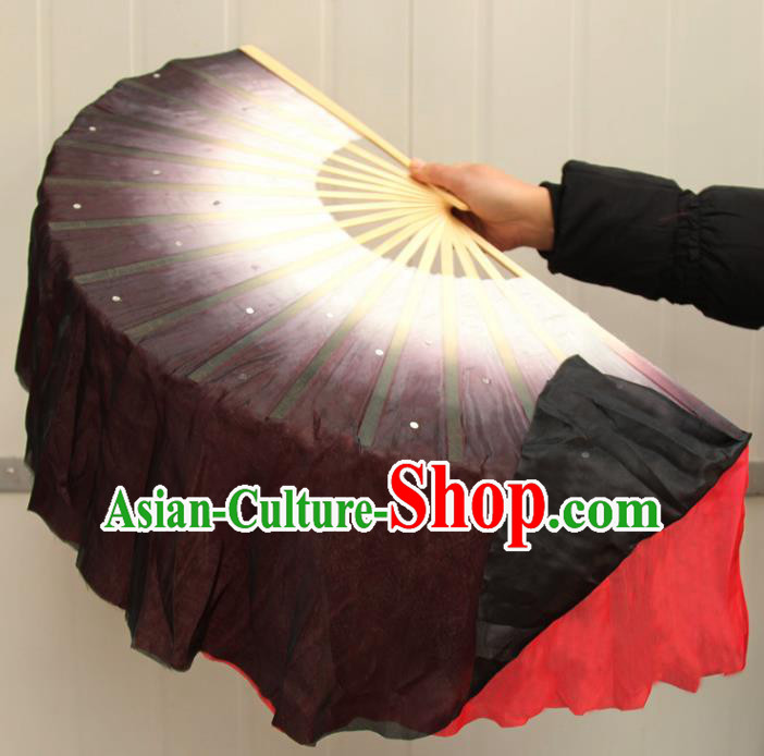 Chinese Handmade Folk Dance Black and Red Ribbons Folding Fans Yangko Dance Classical Dance Fans for Women