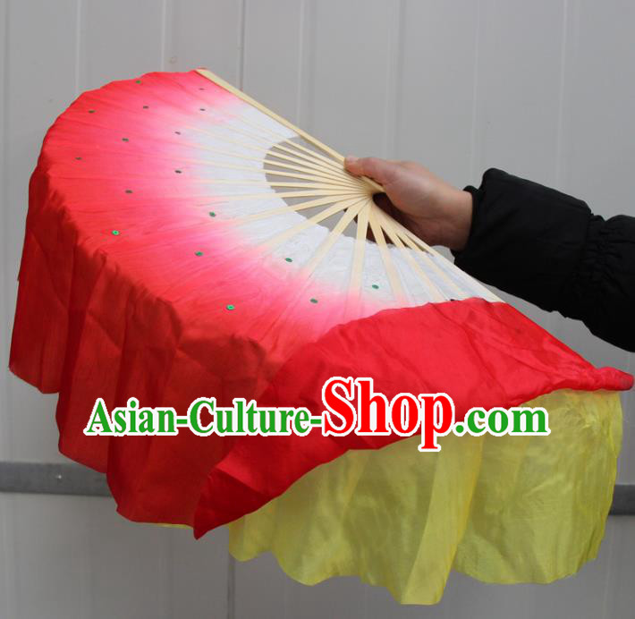 Chinese Handmade Folk Dance Yellow and Red Ribbons Folding Fans Yangko Dance Classical Dance Fans for Women