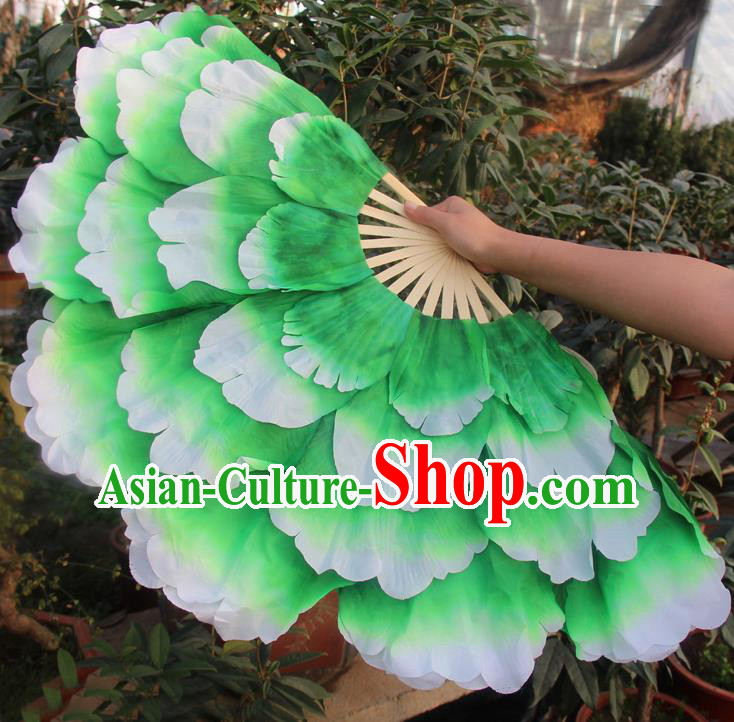 Chinese Handmade Folk Dance Folding Fans Yangko Dance Classical Dance Green Peony Fans for Women