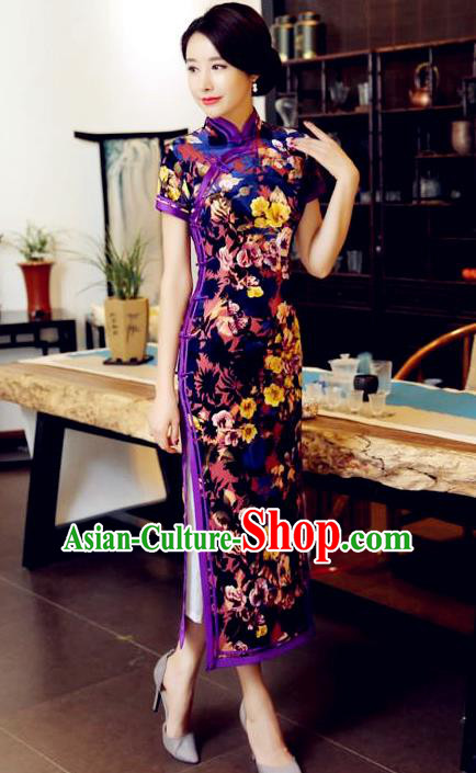 Chinese Traditional Elegant Purple Pleuche Cheongsam National Costume Qipao Dress for Women