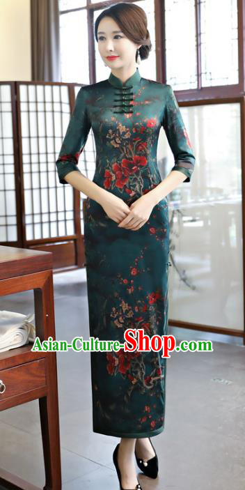 Chinese Traditional Elegant Atrovirens Cheongsam National Costume Watered Gauze Qipao Dress for Women