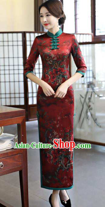 Chinese Traditional Elegant Red Cheongsam National Costume Watered Gauze Qipao Dress for Women
