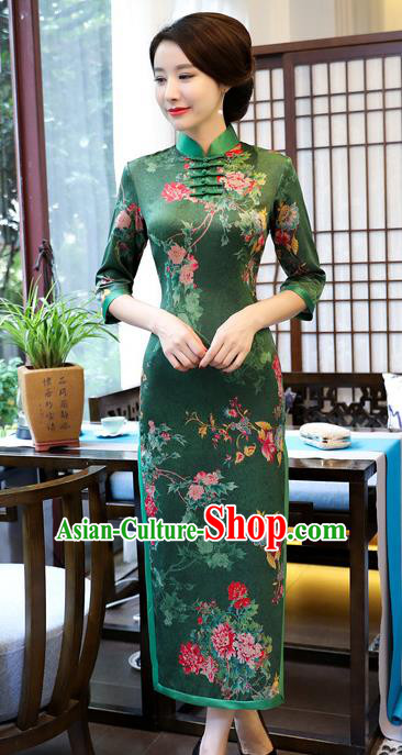 Chinese Traditional Elegant Deep Green Cheongsam National Costume Watered Gauze Qipao Dress for Women