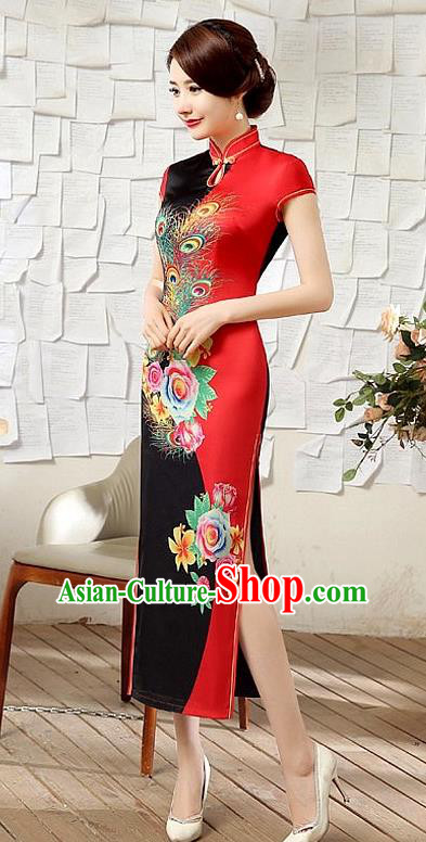 Chinese Traditional Elegant Printing Peony Phoenix Cheongsam National Costume Silk Qipao Dress for Women