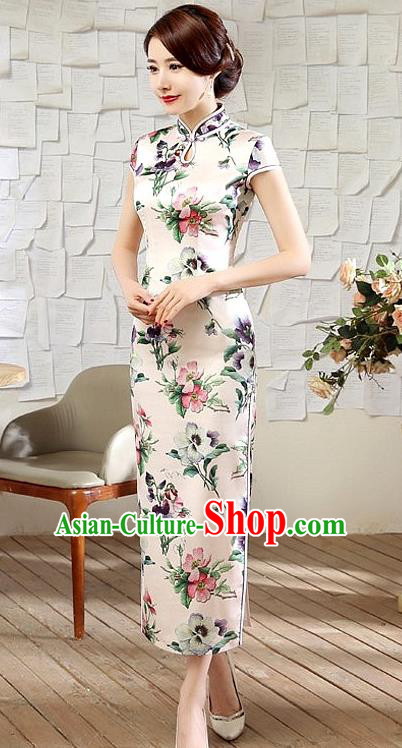 Chinese Traditional Elegant Printing Peach Blossom Cheongsam National Costume Silk Qipao Dress for Women