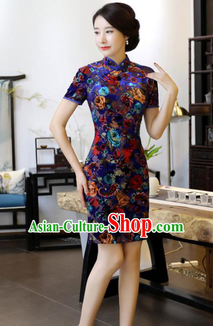Chinese Traditional Elegant Royalblue Velvet Cheongsam National Costume Short Qipao Dress for Women