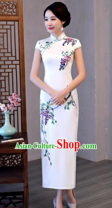 Chinese Traditional Elegant Cheongsam National Costume Printing Grape Silk Qipao Dress for Women