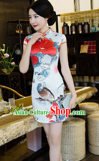 Chinese Traditional Elegant Printing Short Cheongsam National Costume Qipao Dress for Women