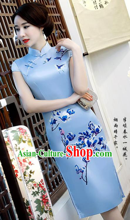 Chinese Traditional Elegant Retro Cheongsam National Costume Printing Mangnolia Blue Qipao Dress for Women