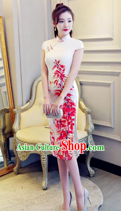 Chinese Traditional Elegant Retro Cheongsam National Costume Printing Qipao Dress for Women