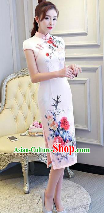 Chinese Traditional Elegant Retro Cheongsam National Costume Printing Peony Qipao Dress for Women