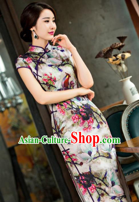 Chinese Traditional Elegant Retro Cheongsam National Costume Printing Mangnolia Birds Qipao Dress for Women