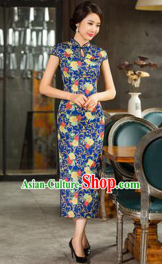 Chinese Traditional Elegant Retro Blue Cheongsam National Costume Printing Qipao Dress for Women