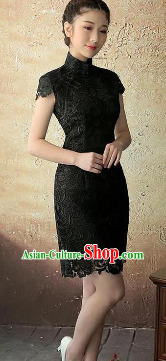 Chinese Traditional Elegant Retro Black Lace Cheongsam National Costume Qipao Dress for Women