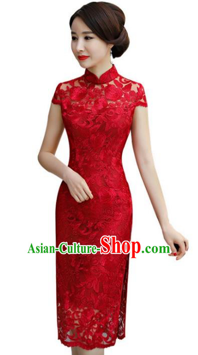 Chinese Traditional Elegant Red Lace Cheongsam National Costume Wedding Qipao Dress for Women
