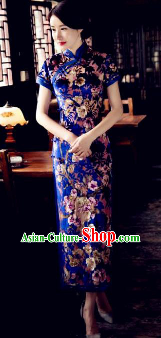 Chinese Traditional Elegant Blue Pleuche Cheongsam National Costume Qipao Dress for Women