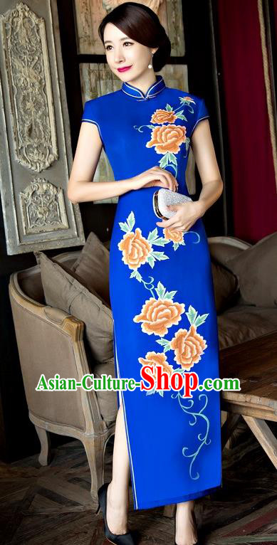 Chinese Traditional Elegant Long Cheongsam National Costume Printing Peony Blue Qipao Dress for Women