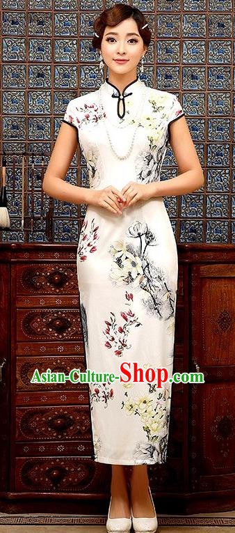 Chinese Traditional Elegant Cheongsam National Costume Ink Painting Mangnolia Qipao Dress for Women