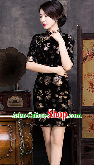 Chinese Traditional Elegant Cheongsam National Costume Black Pleuche Short Qipao Dress for Women