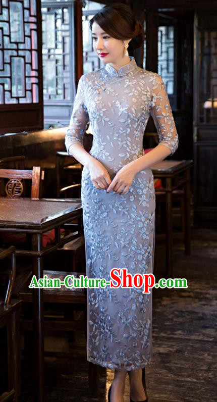 Chinese Traditional Elegant Cheongsam National Costume Blue Embroidered Qipao Dress for Women